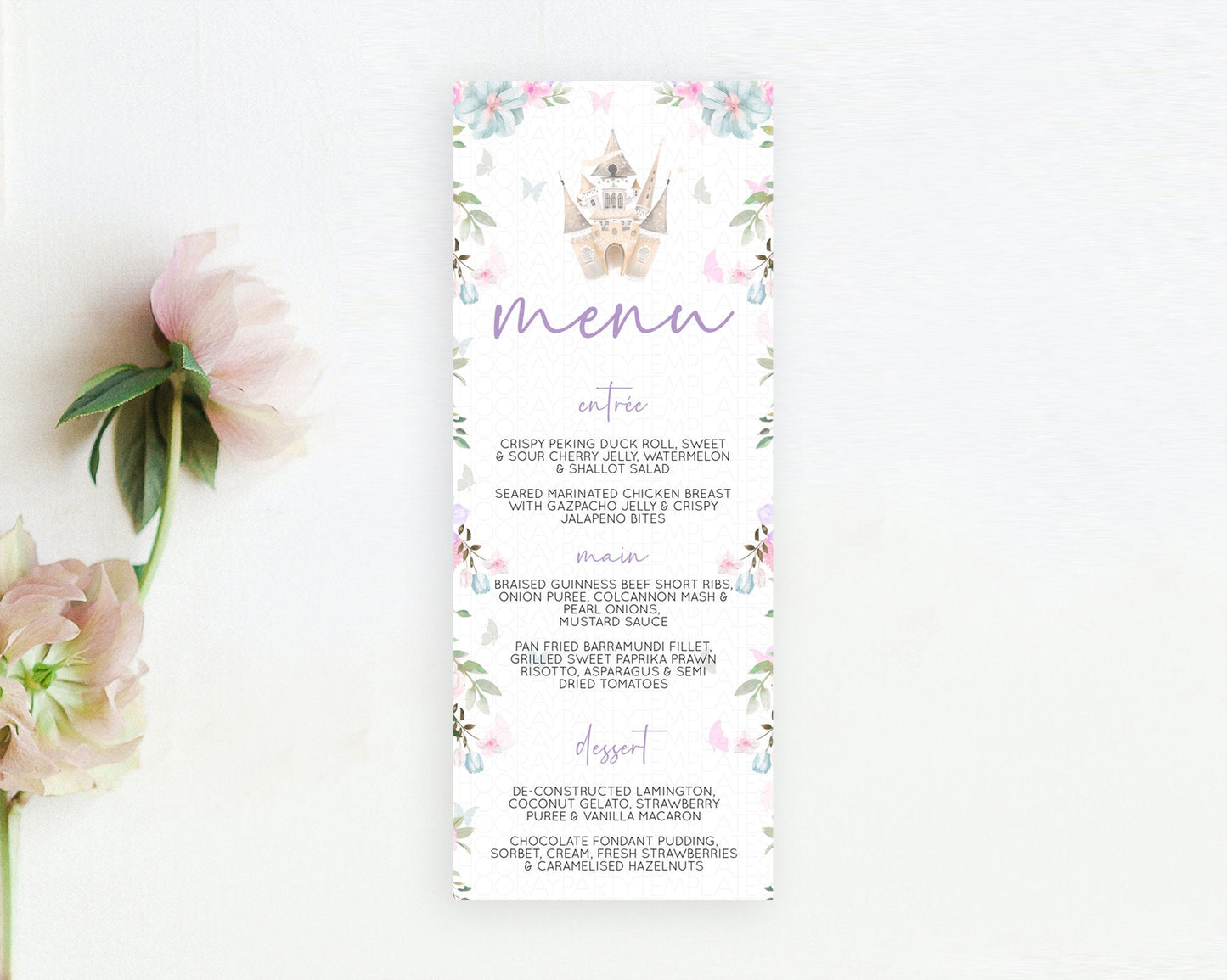 Princess Menu Castle Menu Template Secret Garden Table Decor Enchanted Castle Pastel Floral Dinner Dessert Menu Princess Food Menu D10471