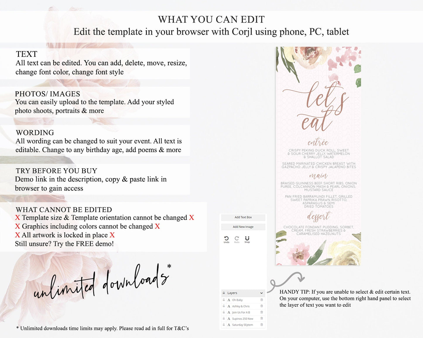 Secret Garden Menu Wildflower Menu Template Pastel Flower Garden Table Decor Boho Floral Dinner Dessert Floral Party Food Menu D10192