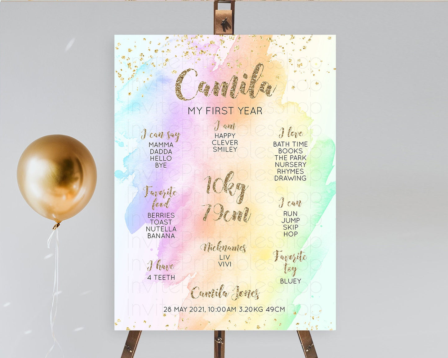 Pastel First Birthday Milestone Board Pastel Rainbow Milestone Poster Colorful Confetti Watercolor Glitter 1st Birthday Welcome Sign D10643