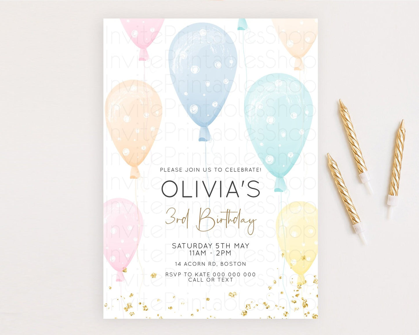 Pastel Balloon Birthday Invitation Rainbow Colorful Glitter Sprinkles Confetti Watercolor Balloons Pink Blue Green Yellow Editable D10776