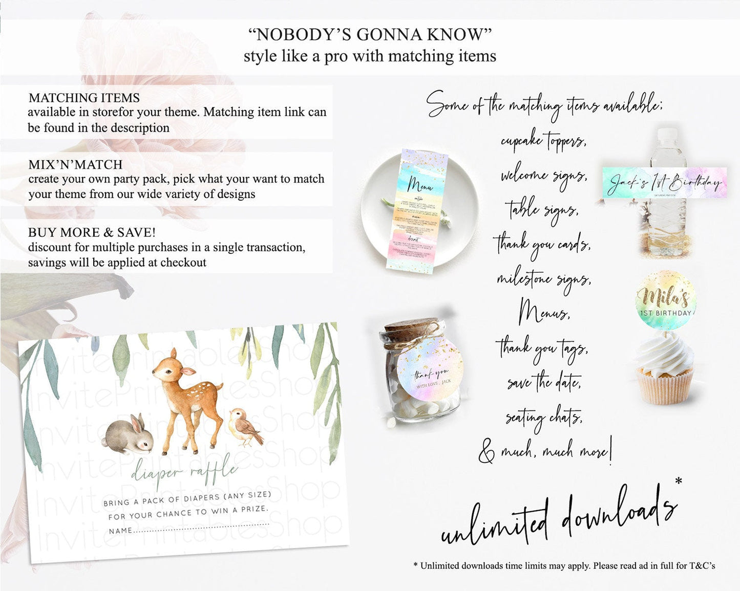 Fawn Diaper Raffle Card Deer Diaper Insert Floral Deer Diaper Ticket Enchanted Forest Butterfly Pastel Baby Shower Raffle Game D10919