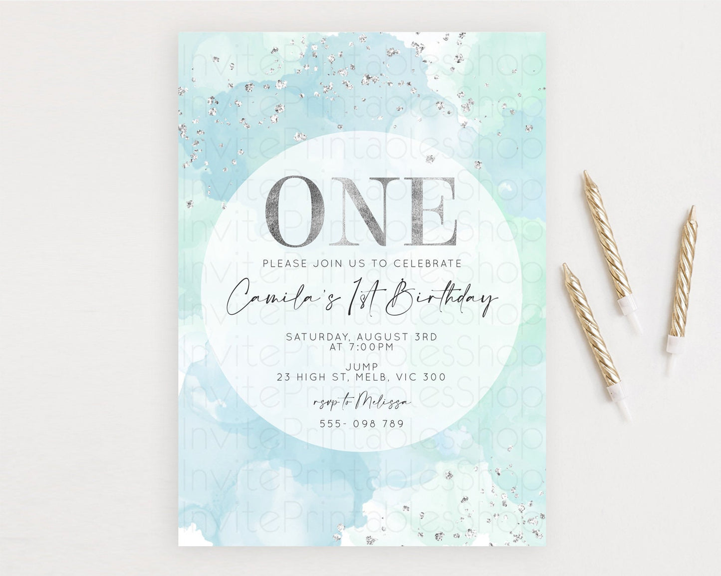 Rainbow Birthday Invitation Colorful Pastel Watercolor Silver Glitter Sprinkles Ombre Pastel Invitation 1st 2nd 3rd First Birthday D10630