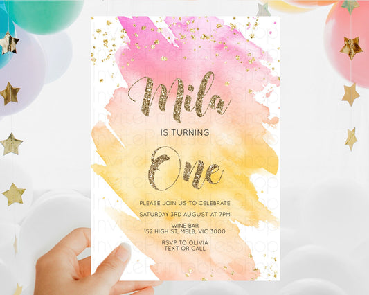 Rainbow Birthday Invitation Colorful Pastel Watercolor Invitation Gold Glitter Sprinkles Ombre Pastel 1st 2nd 3rd Birthday D10526