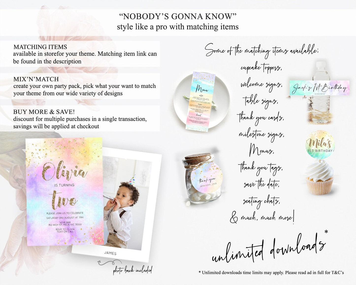 Rainbow Birthday Invitation Colorful Pastel Watercolor Invitation Gold Glitter Sprinkles Ombre Pastel 1st 2nd 3rd Birthday D10435