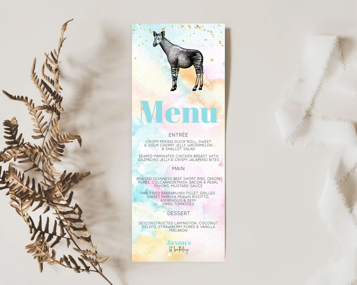 Pastel Okapi Menu Rainbow Okapi Menu Template Rainbow Colorful Safari Adventure Decor Okapi Pastel Dinner Dessert Party Food Menu D10282