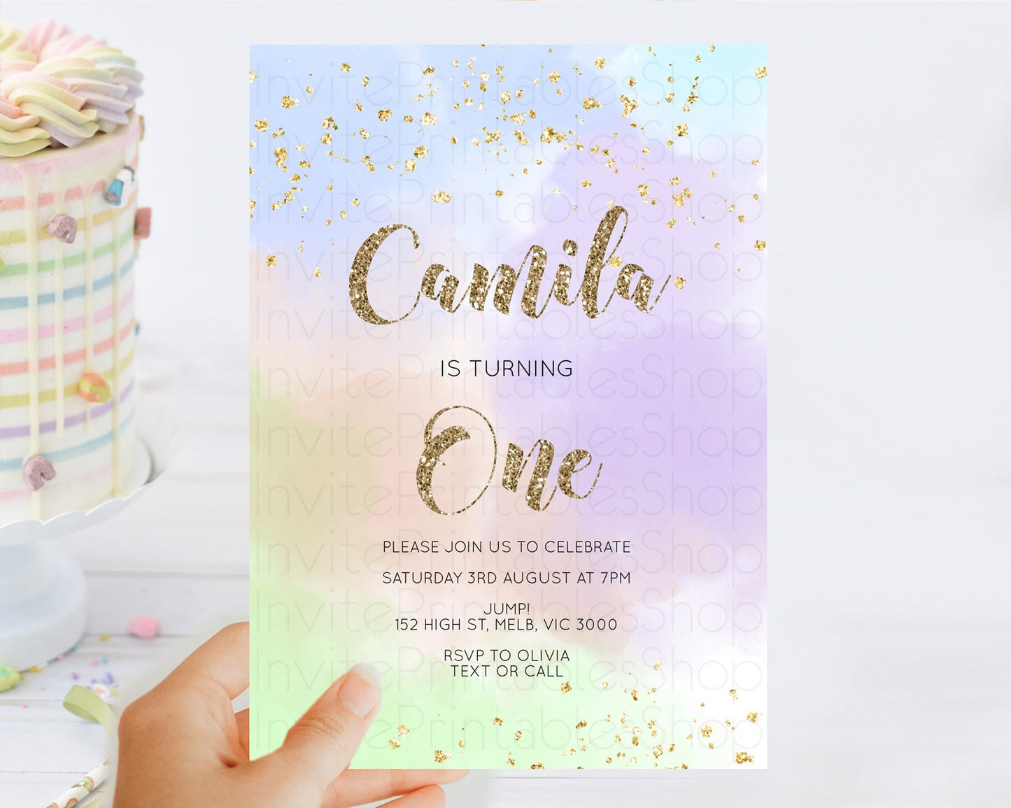 Rainbow Birthday Invitation Colorful Pastel Watercolor Invitation Gold Glitter Sprinkles Ombre Pastel 1st 2nd 3rd Birthday D10372