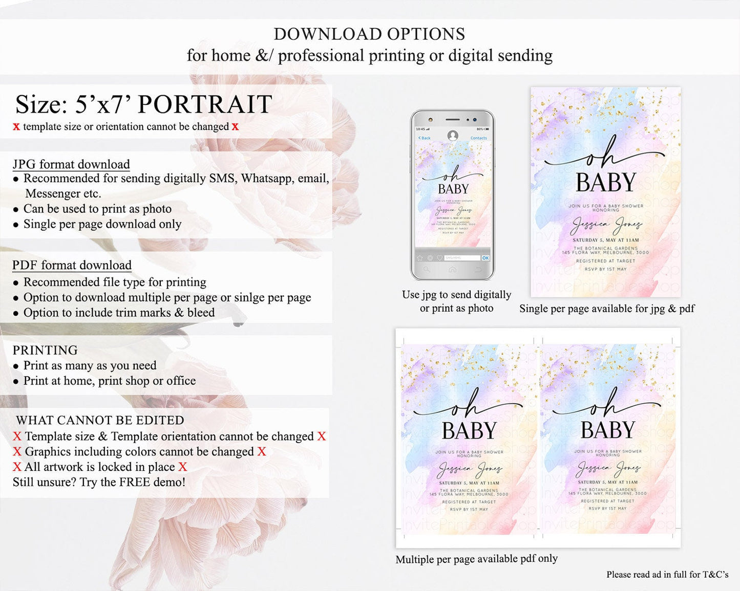 Pastel Baby Shower Invitation Rainbow Baby Shower Invitation Colorful Pastel Watercolor Invitation Gold Glitter Sprinkles Ombre D10635