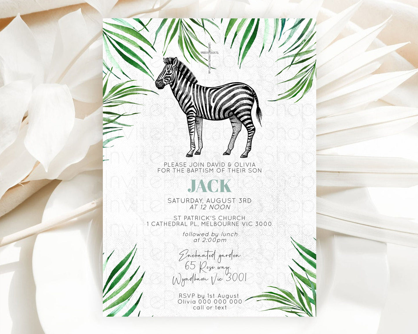 Zebra Baptism Invitation Zebra Baptism 1st Birthday Invitation Jungle Safari Christening Invite Watercolor Tropical Zoo Adventure D10844