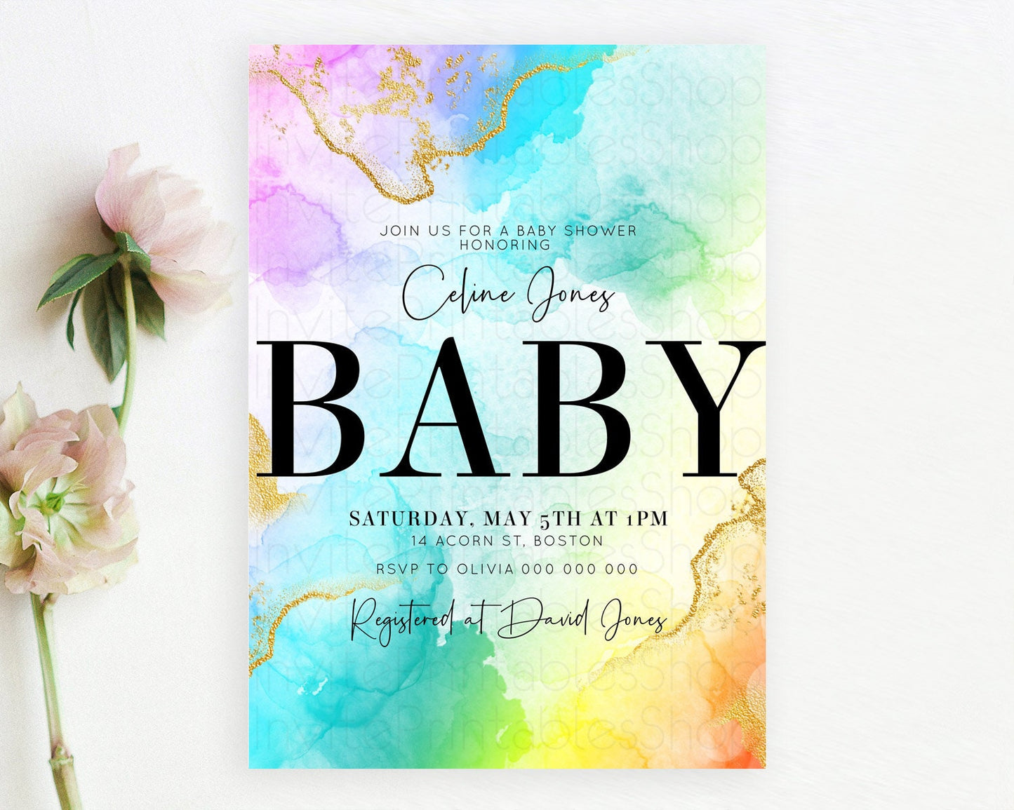 Pastel Baby Shower Invitation Rainbow Baby Shower Invitation Colorful Pastel Watercolor Invitation Gold Glitter Sprinkles Ombre D10393