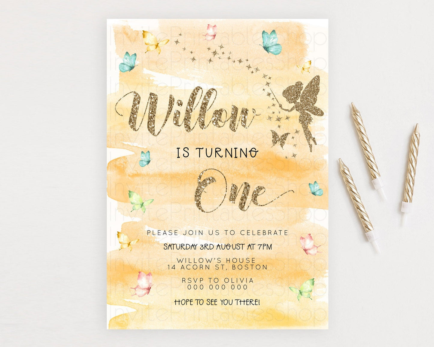 Pastel Fairy Birthday Invitation Pastel Butterflies Fairy Birthday Invitation Rainbow Ombre Watercolor 1st 2nd Birthday Invitation D23325