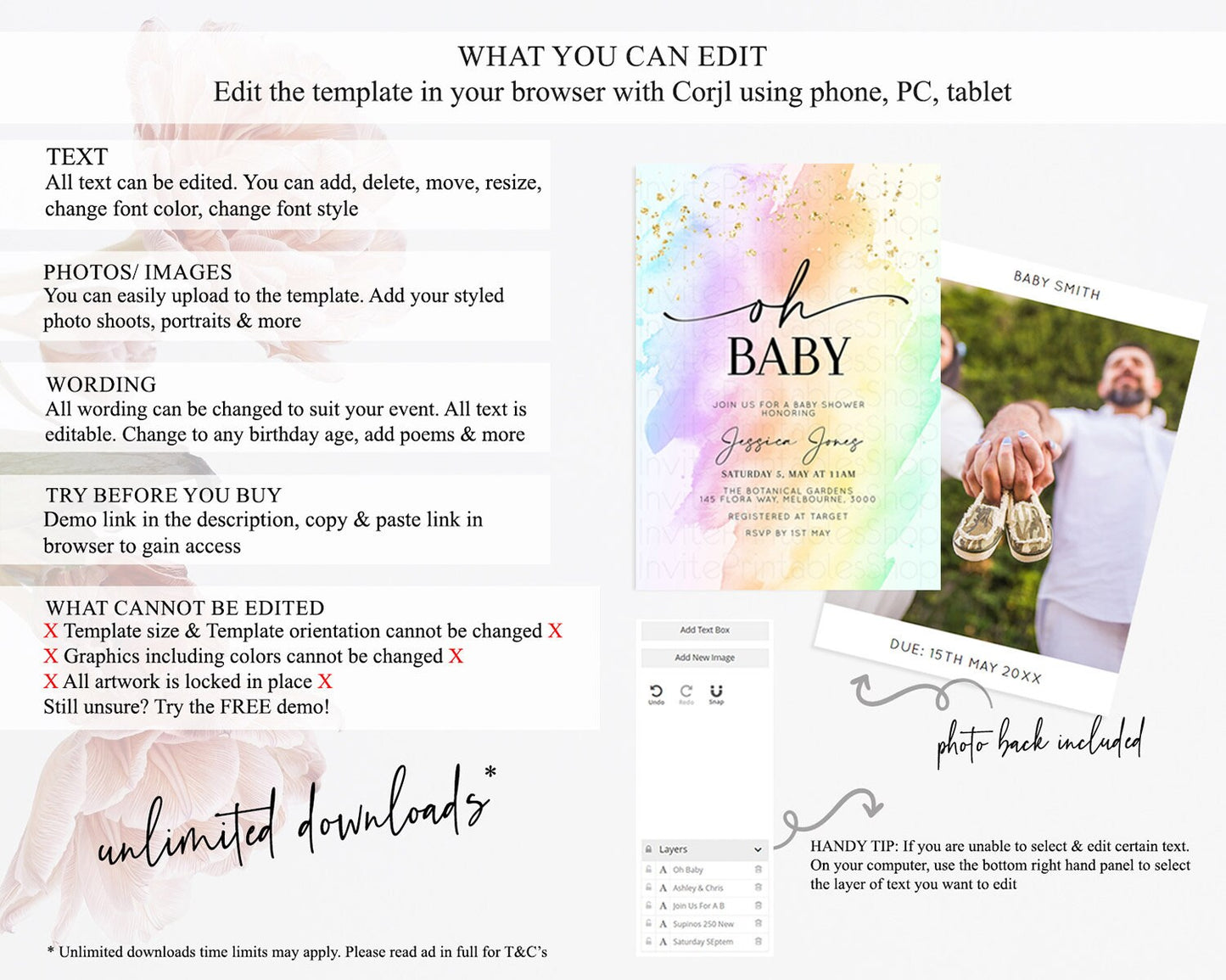 Pastel Baby Shower Invitation Rainbow Baby Shower Invitation Colorful Pastel Watercolor Invitation Gold Glitter Sprinkles Ombre D10645