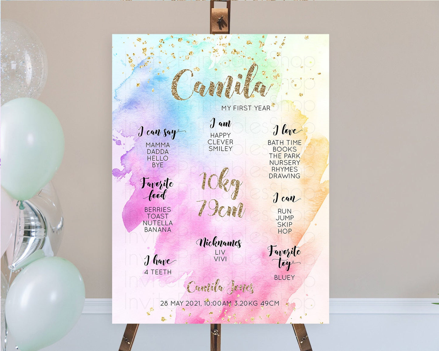 Pastel First Birthday Milestone Board Pastel Rainbow Milestone Poster Colorful Confetti Watercolor Glitter 1st Birthday Welcome Sign D10450