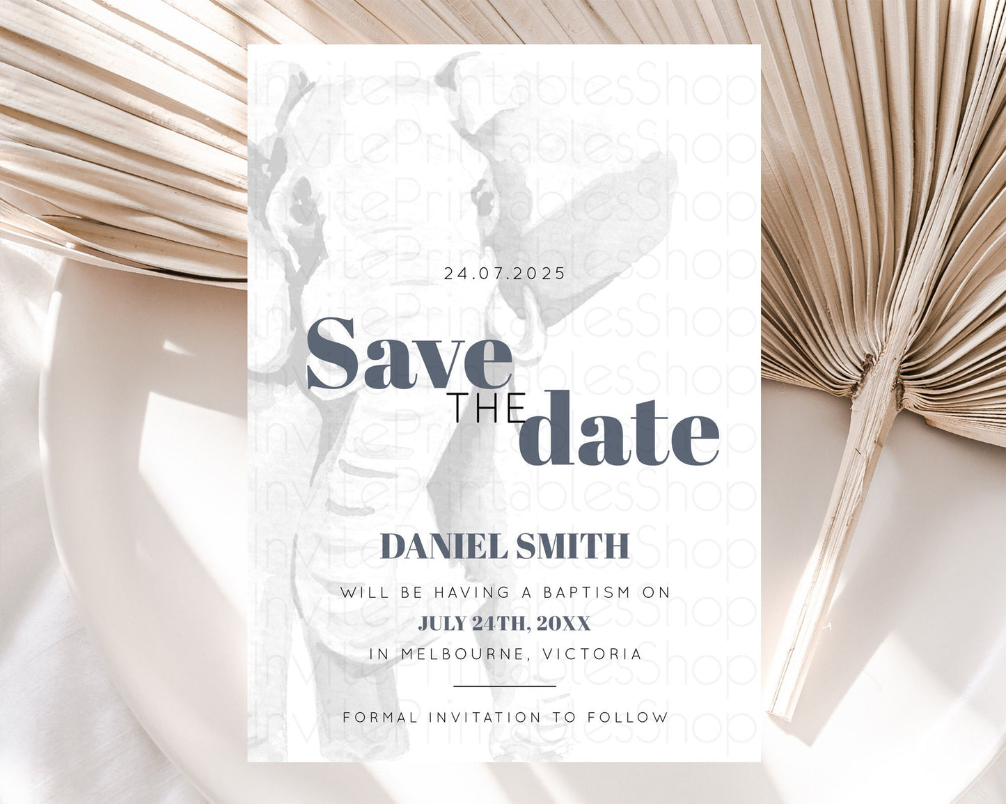 Elephant Save The Date Template Elephant Safari Adventure Party Dried Palm Fern Zoo 1st Birthday Baptism Baby Shower Bridal Shower D10292