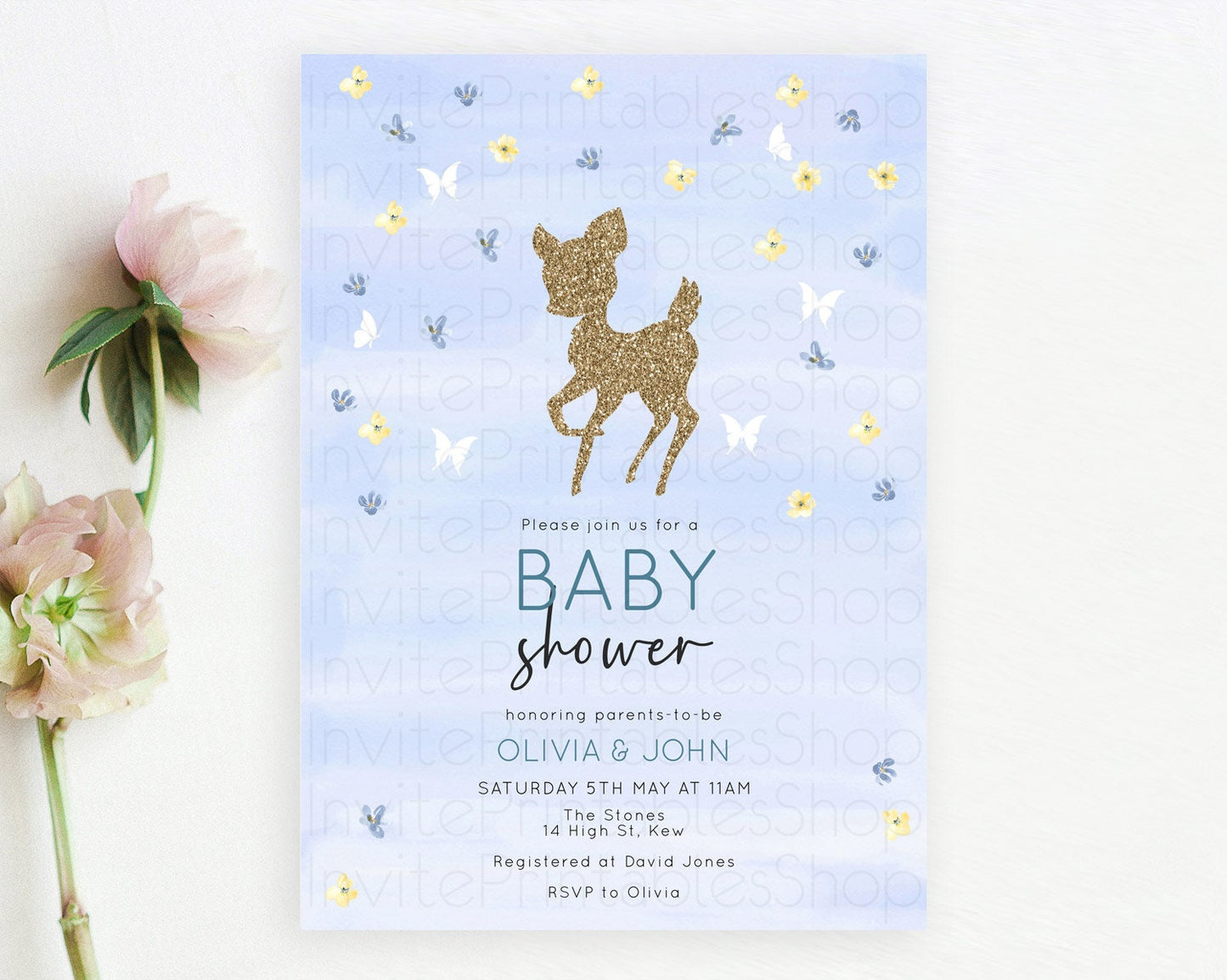 Fawn Baby Shower Invitation Deer Baby Shower Invites Enchanted Forest Theme Butterfly Pastel Flowers Whimsical Baby Shower D10863