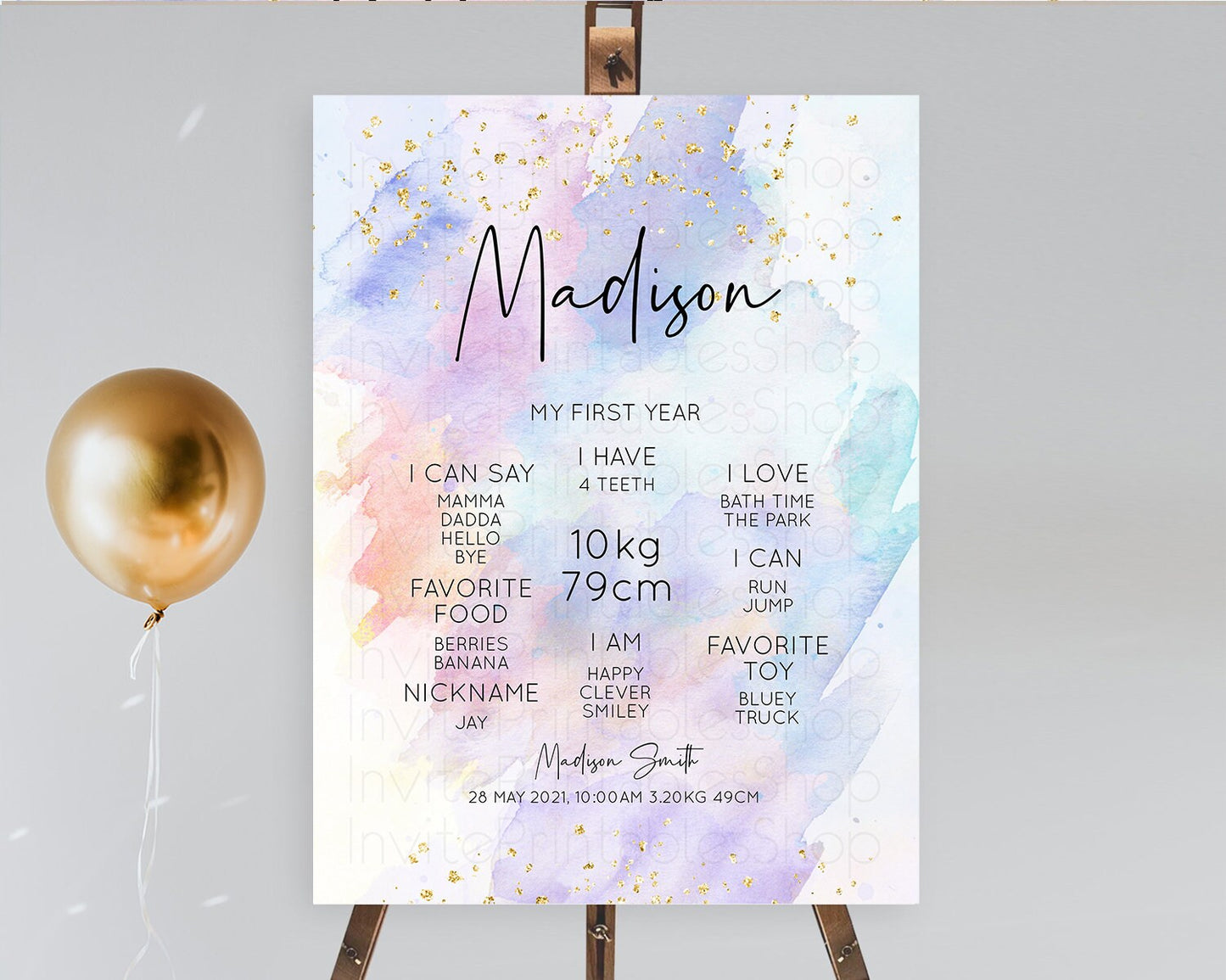 Pastel First Birthday Milestone Board Pastel Rainbow Milestone Poster Colorful Confetti Watercolor Glitter 1st Birthday Welcome Sign D10585