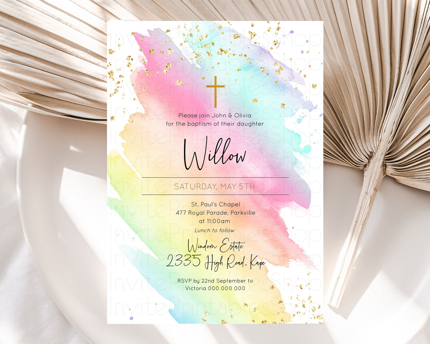 Pastel Baptism Invitation Rainbow Christening Invitation Holy Communion Invite Baptism 1st Birthday Sprinkles Ombre Watercolor Splash