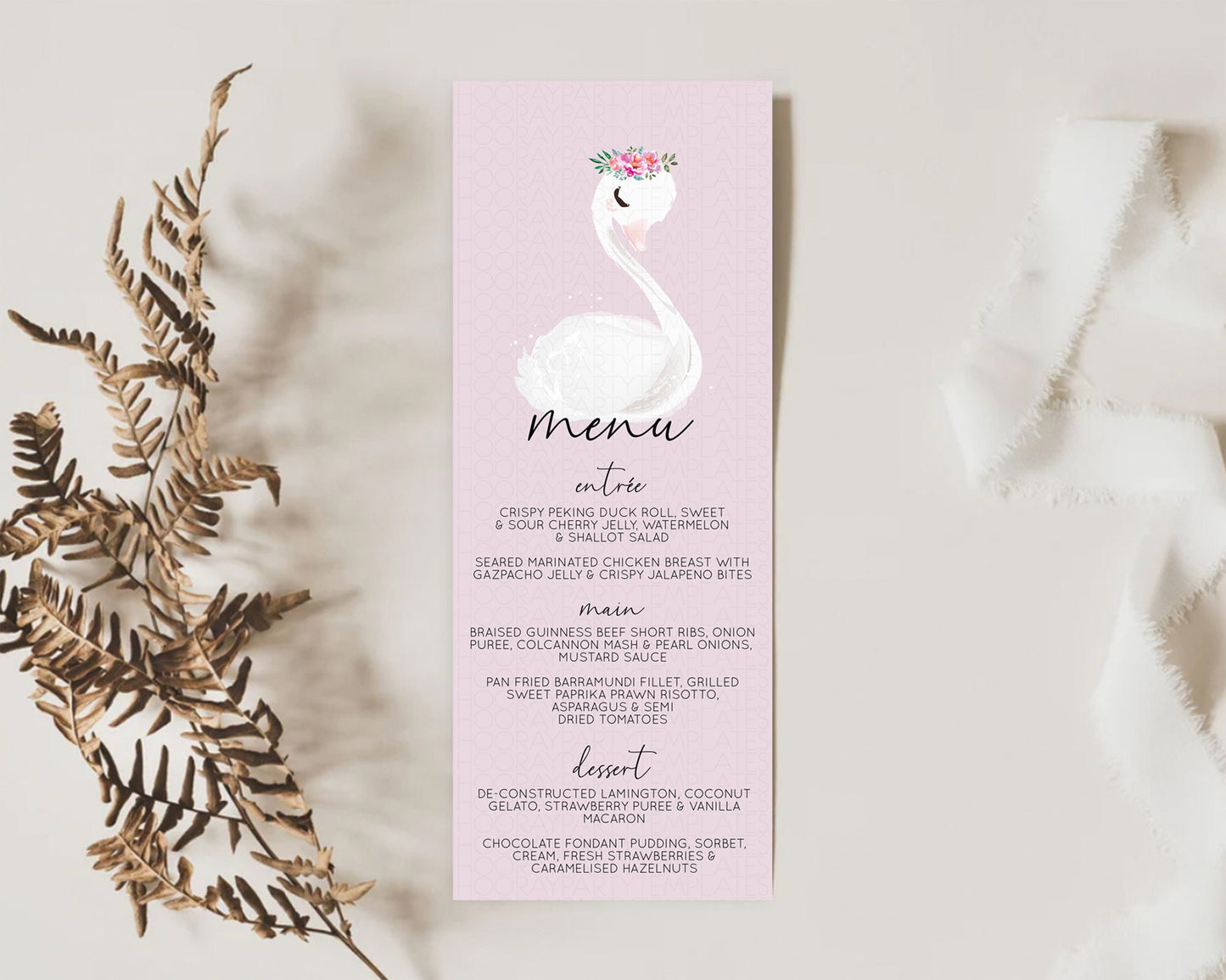 Swan Menu Swan Princess Ballet Menu Template Enchanted Swan Lake Table Decor Secret Garden Pastel Floral Dinner Dessert Food Menu  D10758