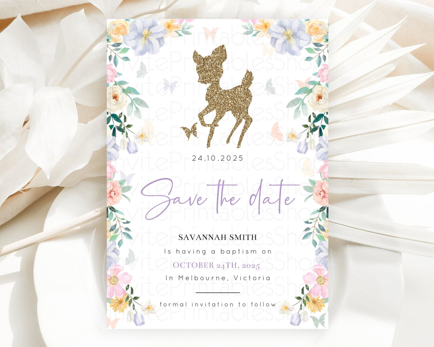 Fawn Deer Save The Date Template Pastel Floral Deer Enchanted Forest Butterfly Party 1st Birthday Baptism Baby Shower Bridal Shower D10477