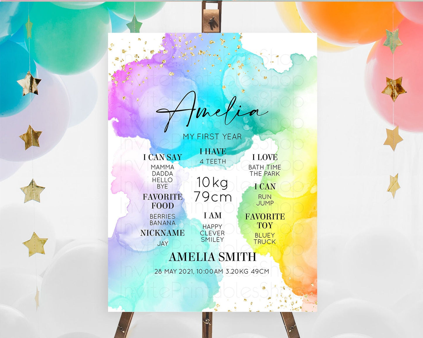 Pastel First Birthday Milestone Board Pastel Rainbow Milestone Poster Colorful Confetti Watercolor Glitter 1st Birthday Welcome Sign D10213