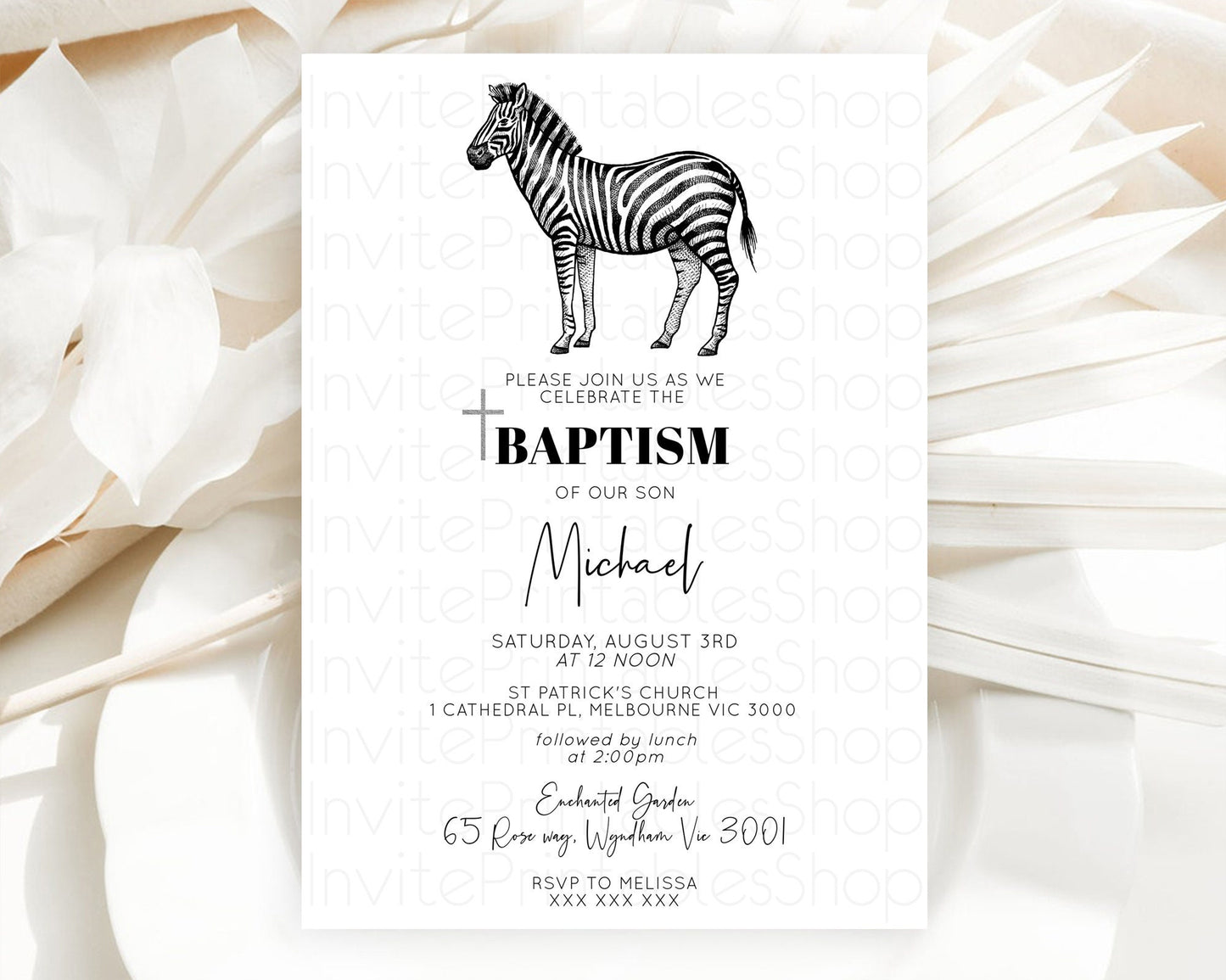 Zebra Baptism Invitation Zebra Baptism 1st Birthday Invitation Jungle Safari Christening Invite Watercolor Tropical Zoo Adventure D10249