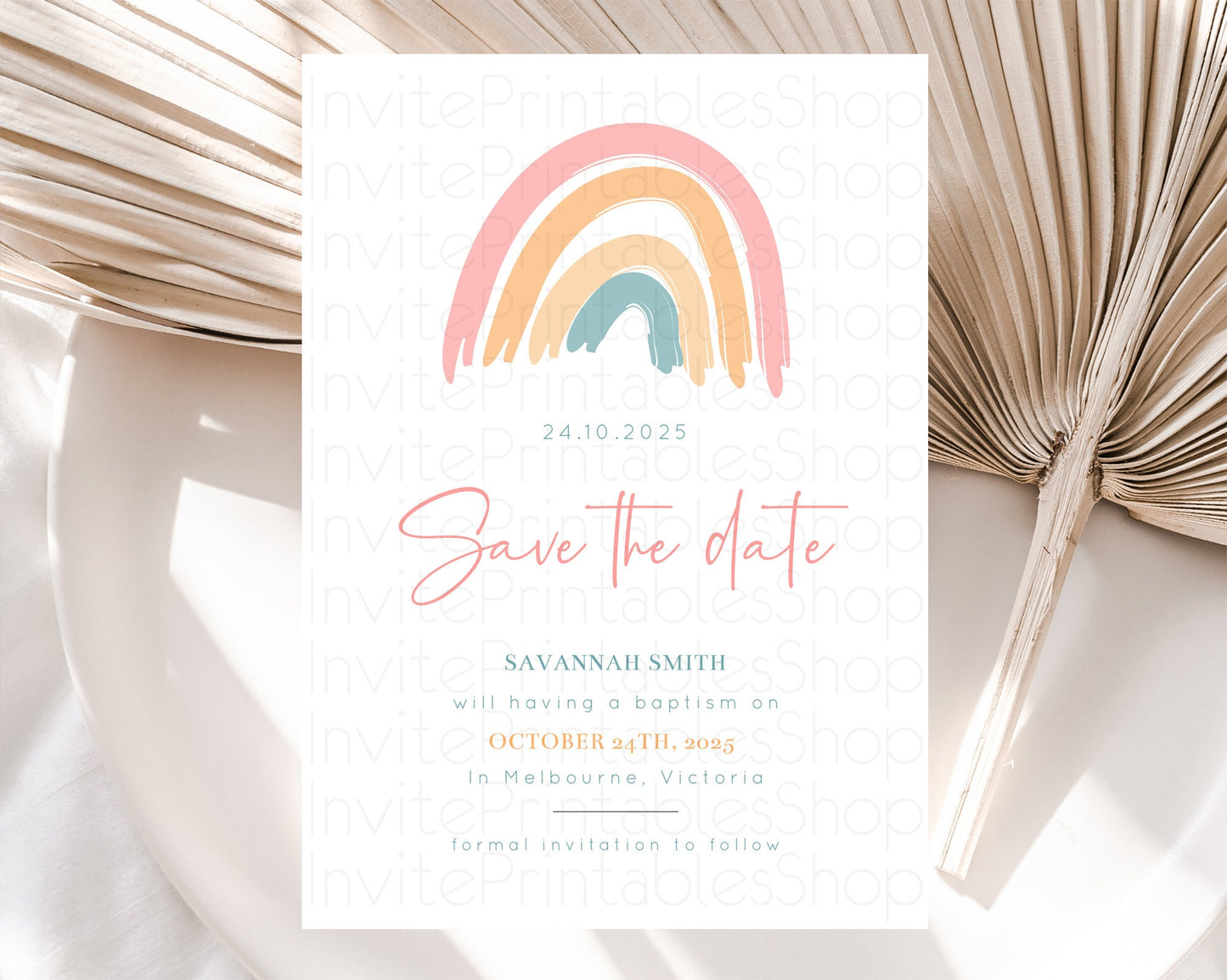 Pastel Rainbow Save The Date Template Boho Colorful Rainbow Party Rainbow Baby Theme For 1st Birthday Baptism Baby Shower Wedding D10351