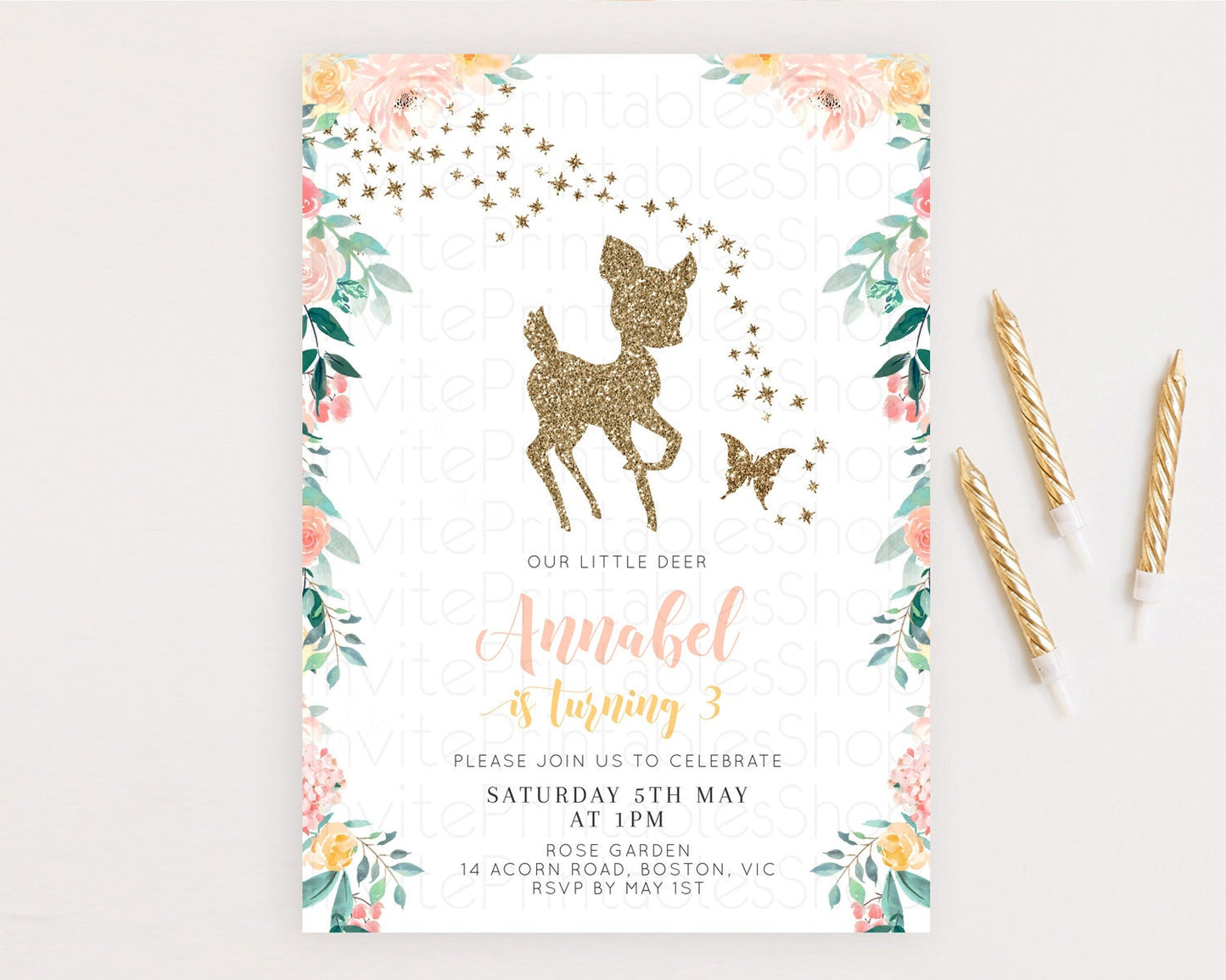 Fawn Birthday Invitation Deer Birthday Invitation Enchanted Forest Party Butterfly Pastel Flowers Whimsical 2nd 1st First Birthday D10874