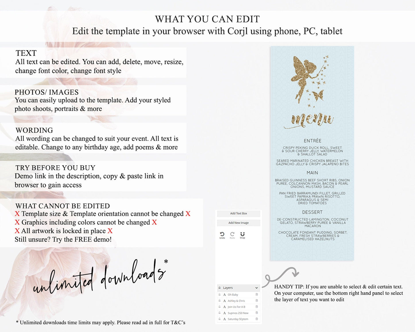 Fairy Menu Fairy Menu Template Enchanted Garden Pastel Floral Butterfly Table Decor Fairy Secret Garden Dinner Dessert Food Menu D10907