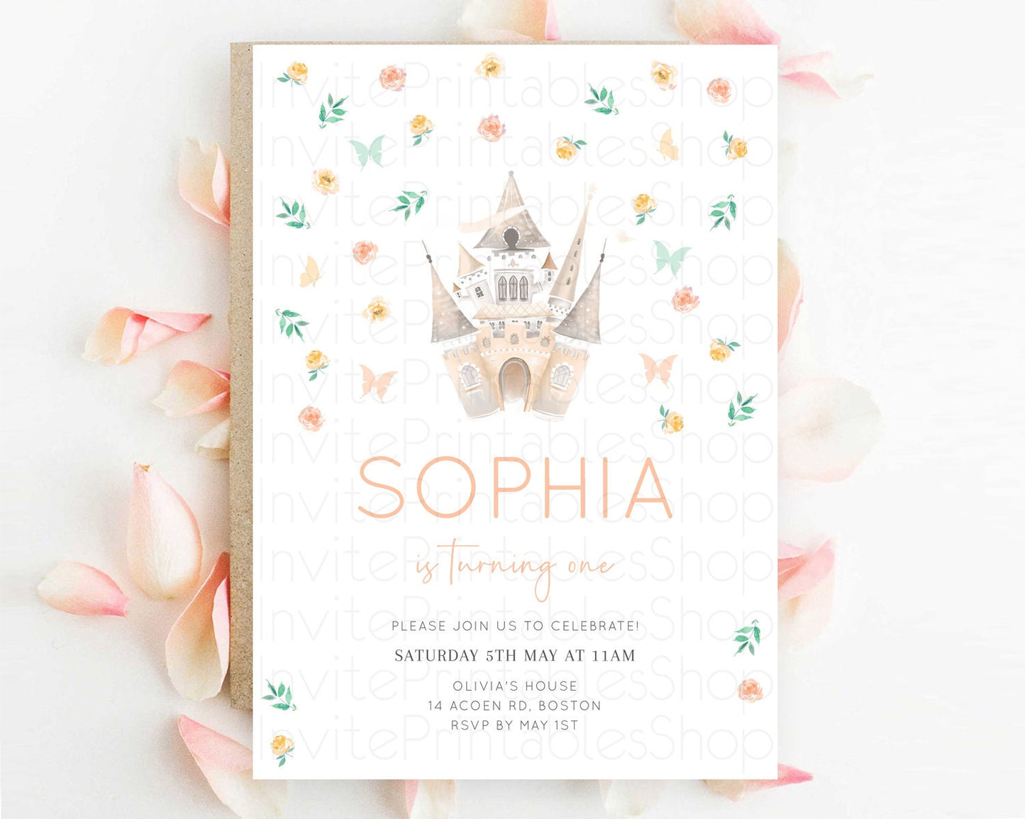 Princess Birthday Invitation Castle Invitation Royal Birthday Fairy Tale Enchanted Castle Pastel Floral Garden 1st First Birthday D10363