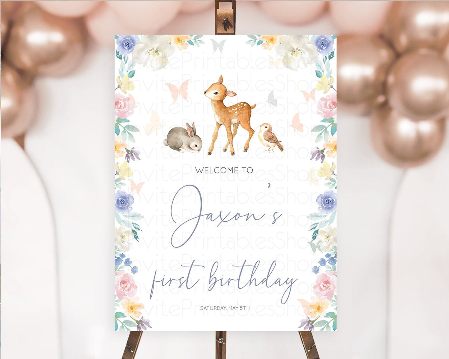 Fawn Welcome Sign Deer Welcome Board Floral Deer Welcome Poster Enchanted Forest Butterfly Pastel Floral First Birthday Welcome Sign D10930