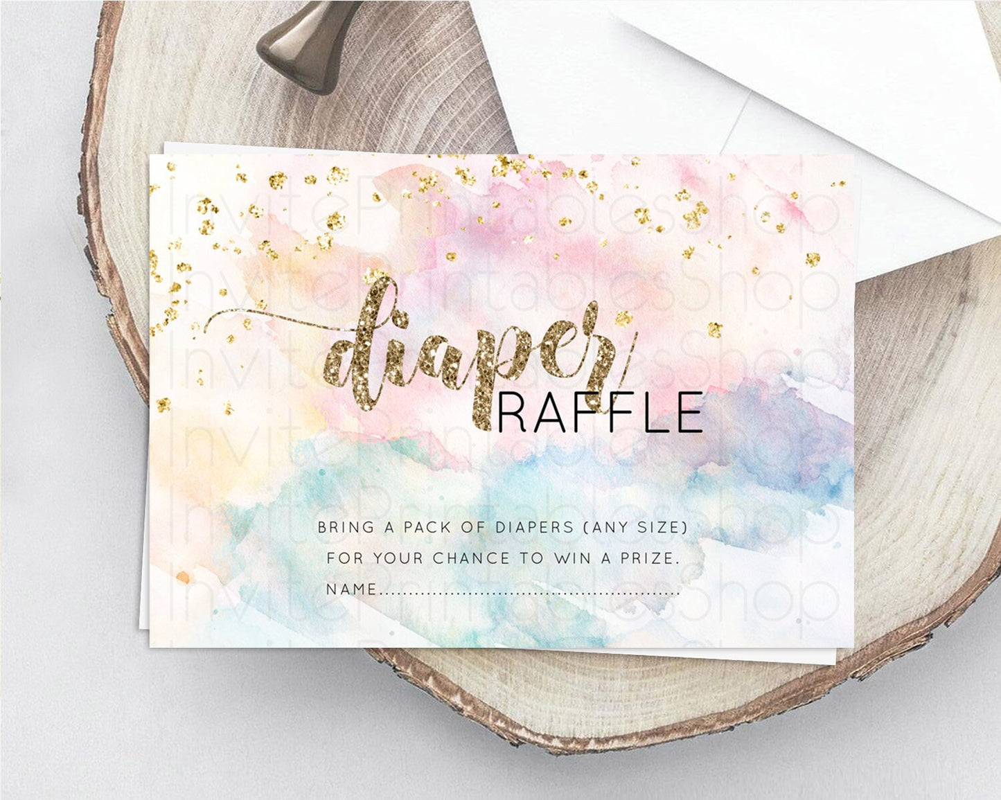 Pastel Diaper Raffle Card Pastel Rainbow Diaper Raffle Insert Colorful Ombre Watercolor Diaper Ticket Confetti Glitter Raffle Game D10264