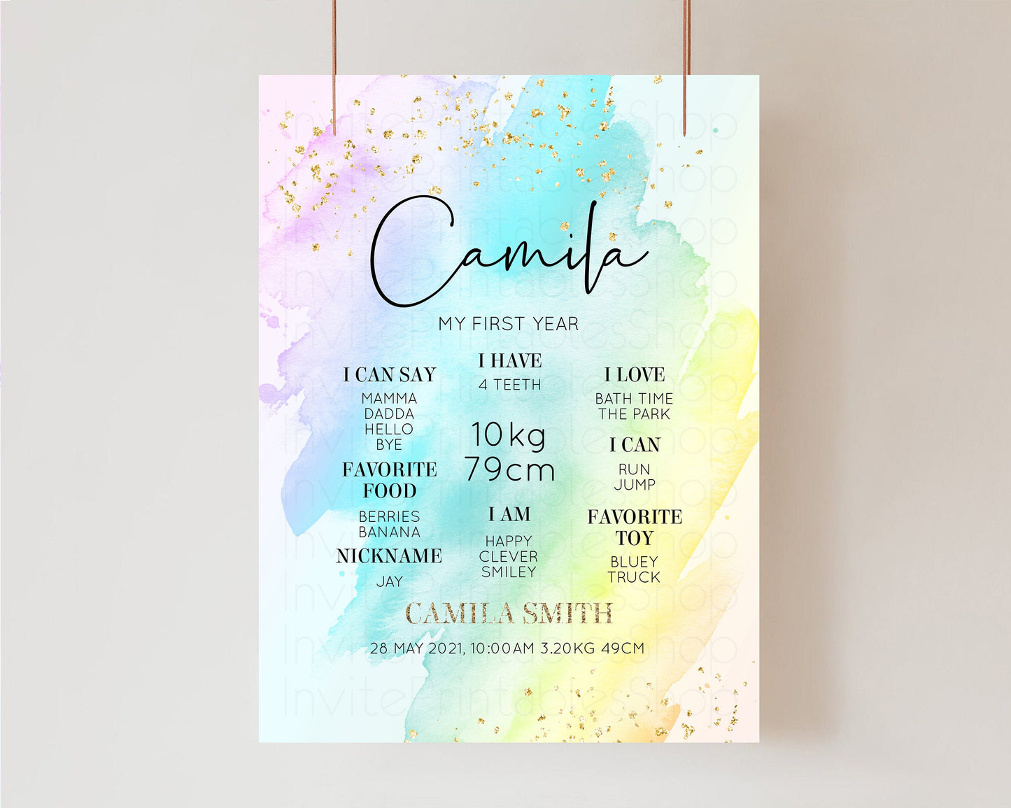 Pastel First Birthday Milestone Board Pastel Rainbow Milestone Poster Watercolor Glitter One Year Poster Colorful Splash Baby 1st Year 146