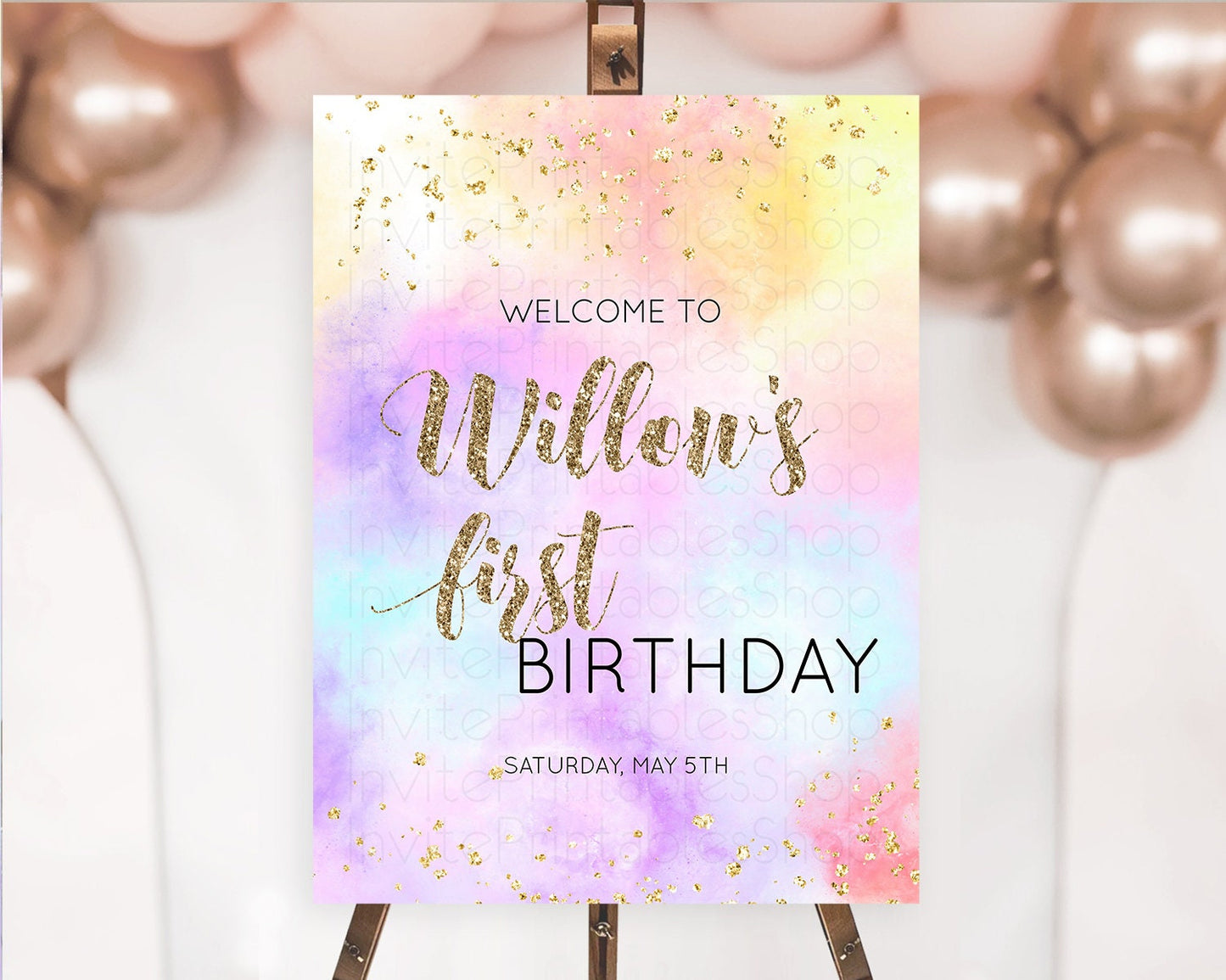 Pastel Welcome Sign Pastel Rainbow Welcome Sign Colorful Rainbow Confetti Watercolor Glitter Pastel First Birthday Welcome Sign D10435