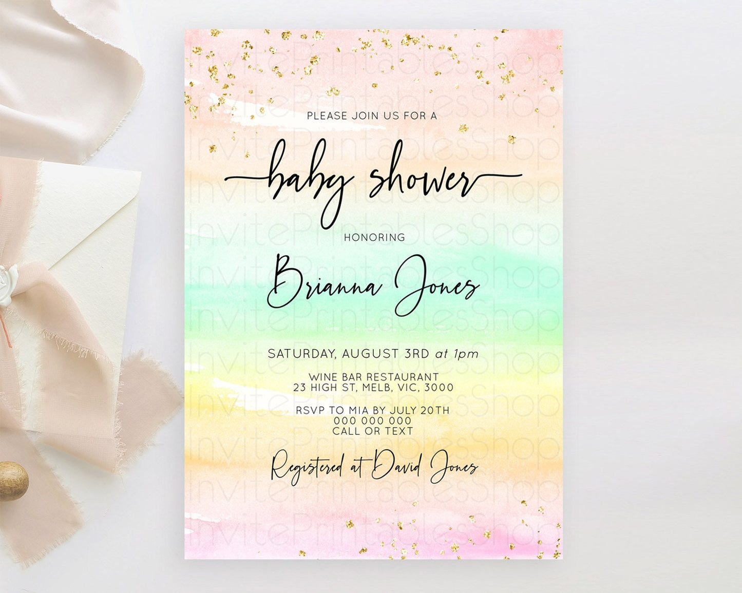 Pastel Baby Shower Invitation Rainbow Baby Shower Invitation Colorful Pastel Watercolor Invitation Gold Glitter Sprinkles Ombre D10591