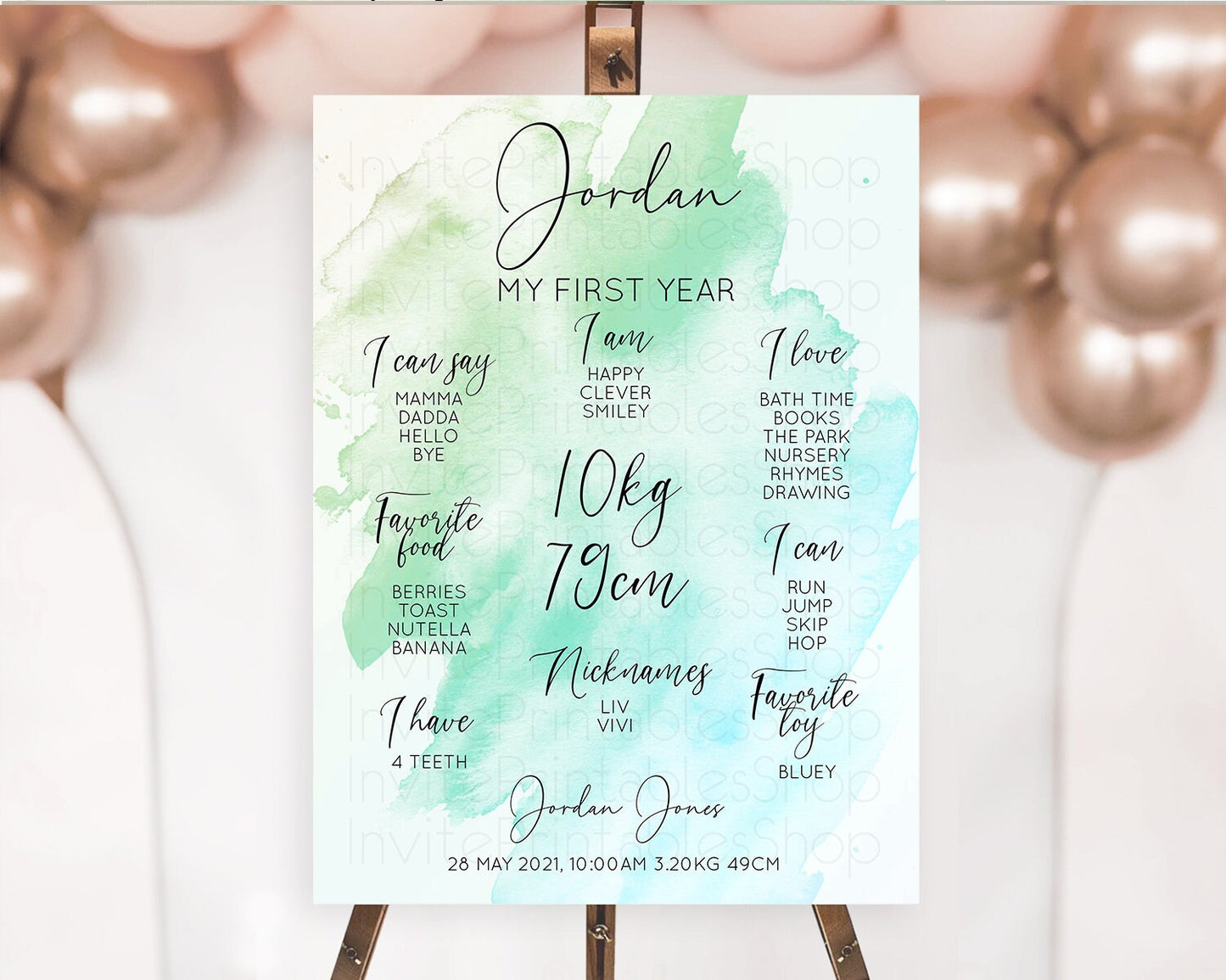 Green First Birthday Milestone Poster Green Watercolor Milestone Board Pastel Green Watercolor Splash Milestone Board 1st Birthday D10166