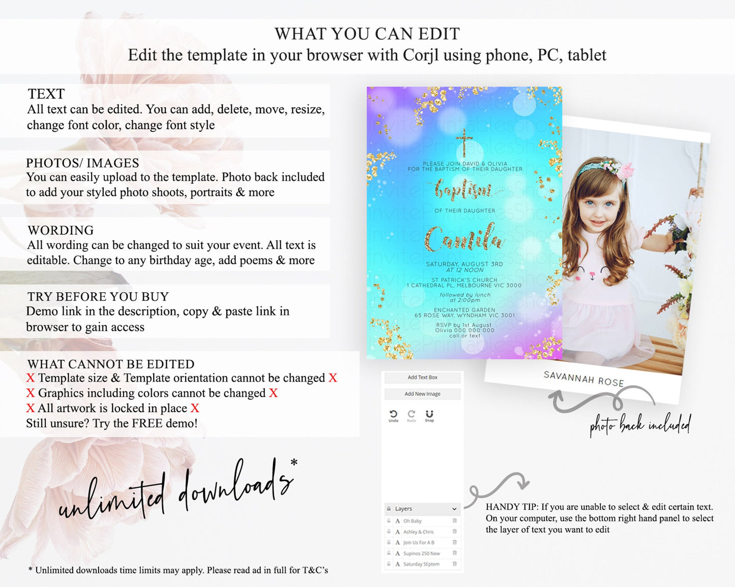 Pastel Baptism Invitation Pastel Colors Watercolor Baptism 1st Birthday Party Gold Ombre Pastel Rainbow Christening Holy Communion D10573