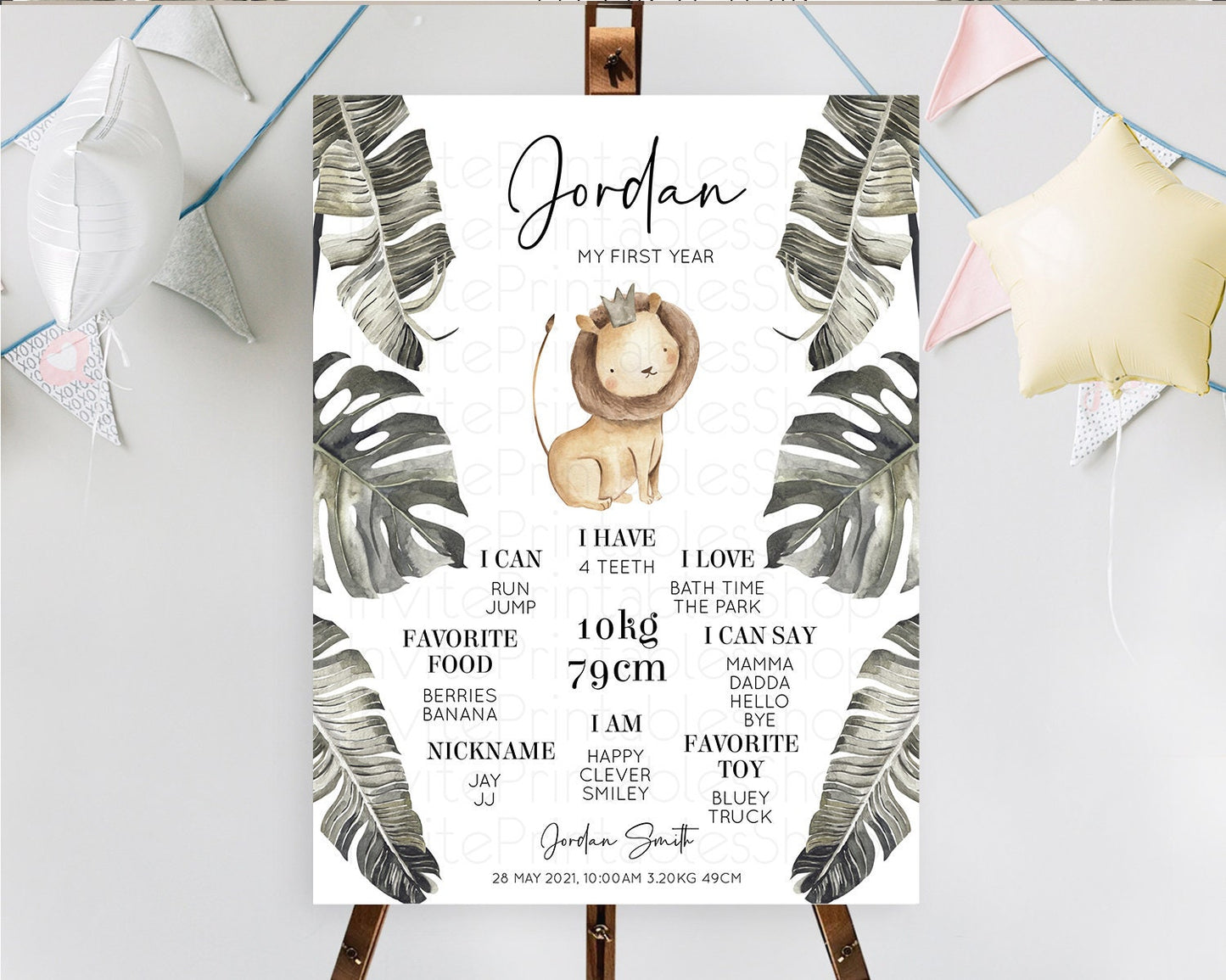 Lion First Birthday Milestone Board Lion Milestone Poster Lion Decor Safari Adventure Palm Leaf Lion First Birthday Welcome Sign D10599