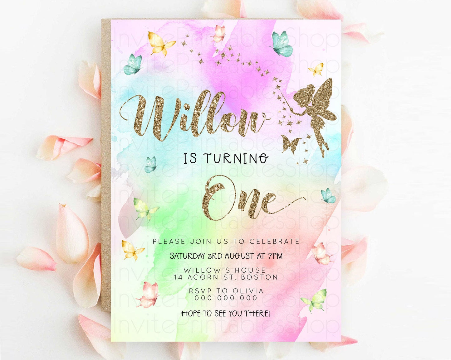Pastel Fairy Birthday Invitation Pastel Butterflies Fairy Birthday Invitation Rainbow Ombre Watercolor 1st 2nd Birthday Invitation D23350