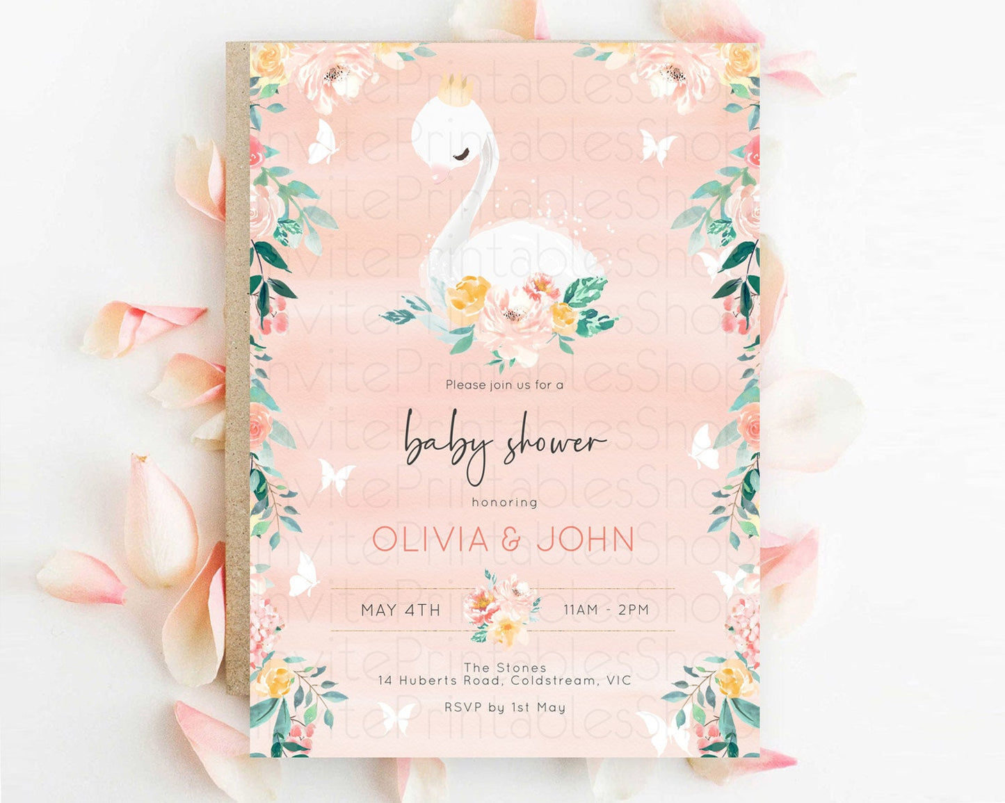 Swan Baby Shower Invitation, Swan Lake Princess Ballet, Secret Garden, Watercolor, Pastel Floral, Pink Orange Flowers, Butterflies D10884