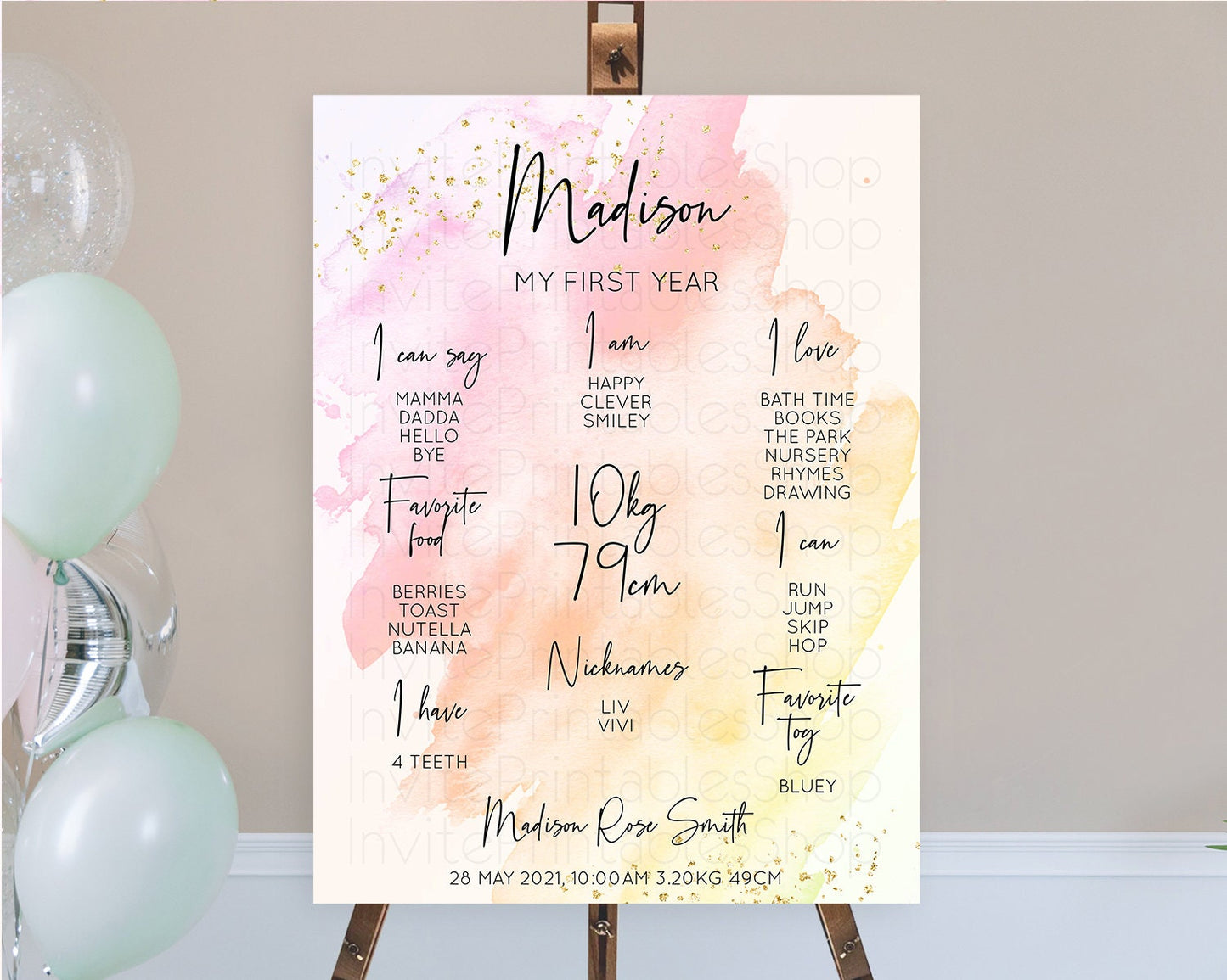 Pink First Birthday Milestone Poster Pink Watercolor Milestone Board Pastel Pink Watercolor Splash Milestone Board 1st Birthday D10167