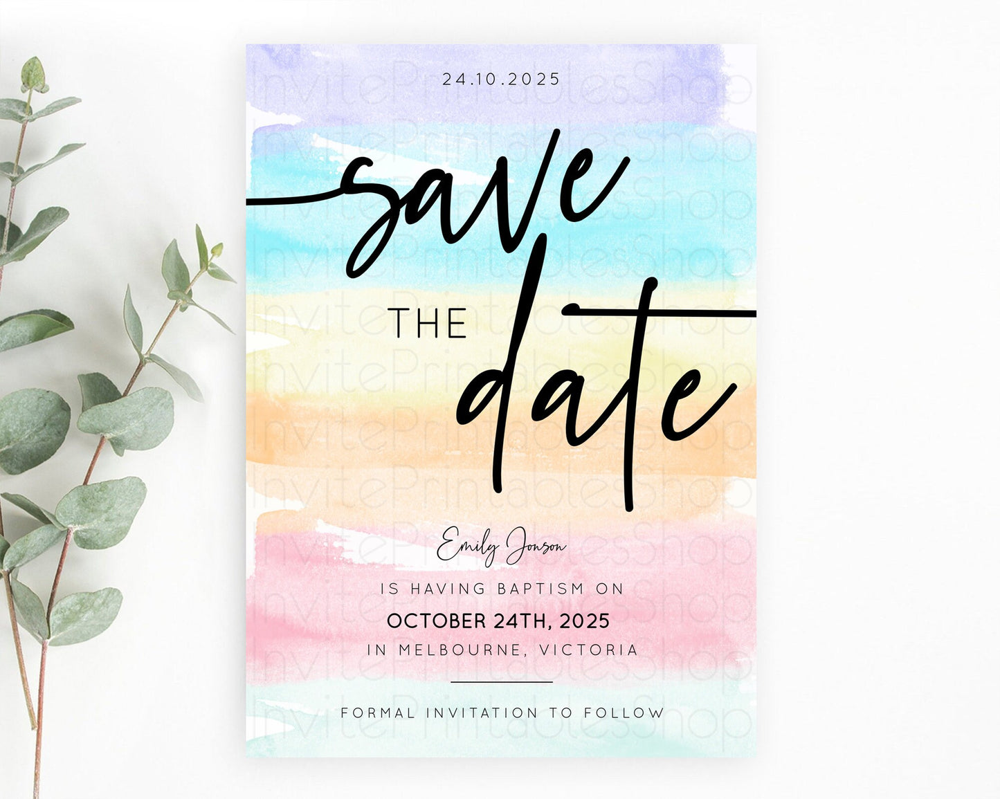 Pastel Save The Date Template Pastel Ombre Rainbow Watercolor Colorful Party For Birthday Baptism Baby Shower Wedding Bridal Shower D10505