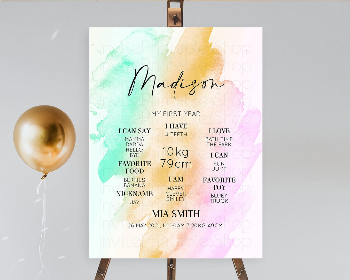 Pastel First Birthday Milestone Board Pastel Rainbow Milestone Poster Colorful Confetti Watercolor Glitter 1st Birthday Welcome Sign D10962
