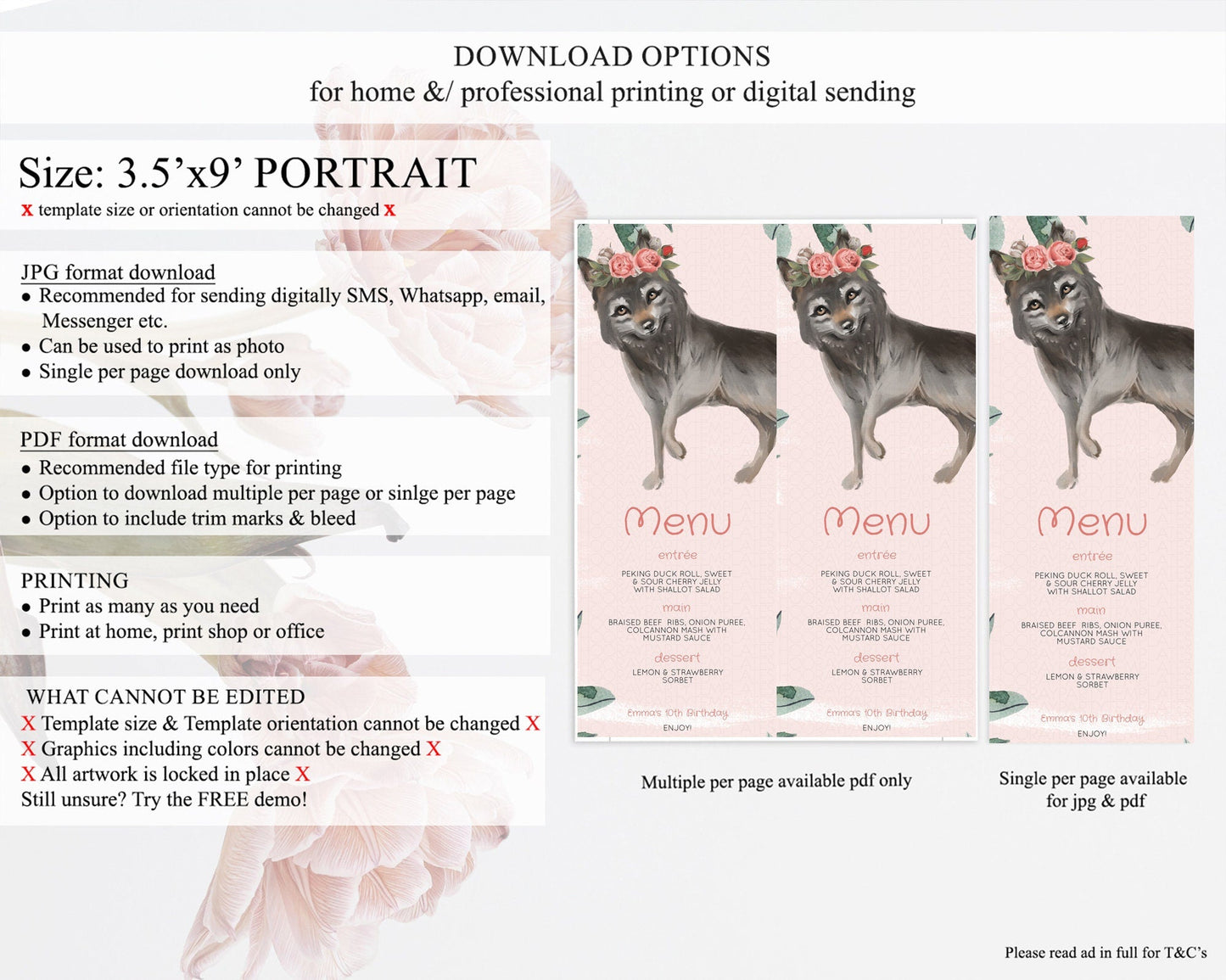 Wolf Menu Wolf Menu Template Pastel Floral Wolf Table Decor Forest Wolf Party Decor Wolf Dinner Dessert Menu Wolf Party Food Menu D10535