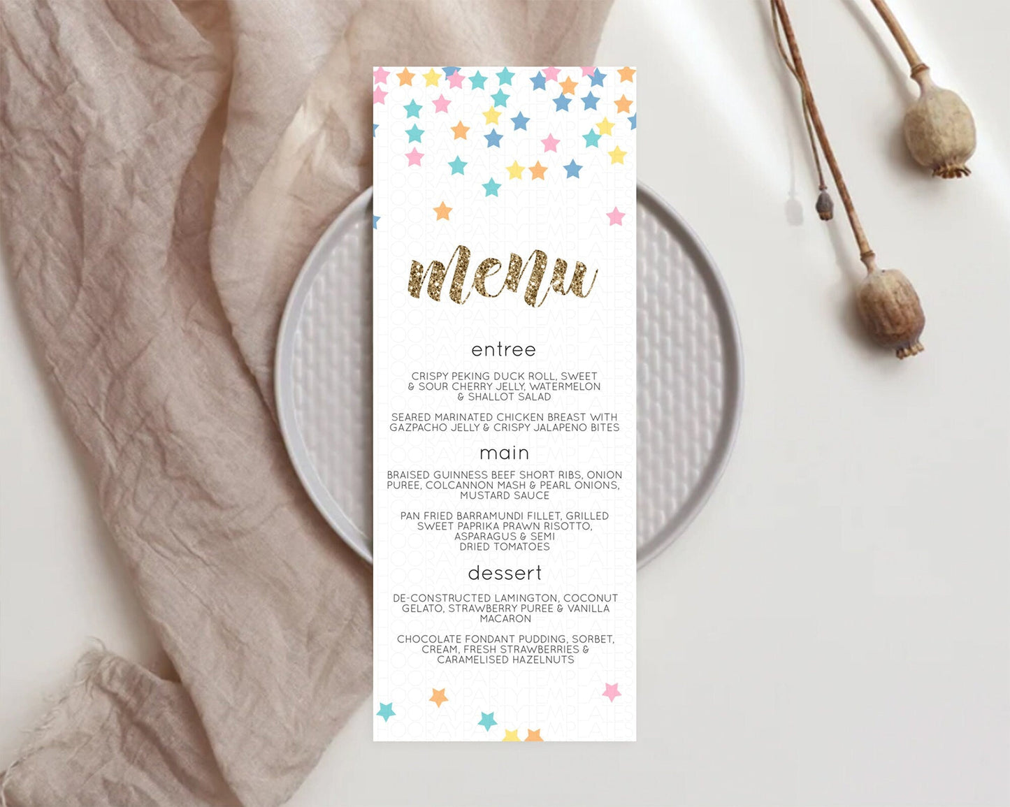 Star Menu Template Pastel Stars Menu Shooting Star Twinkle Little Star Decor Rainbow Colorful Confetti Dinner Dessert Food Menu D10298