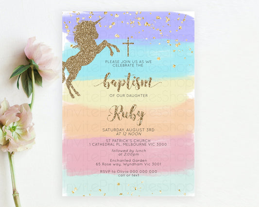 Unicorn Rainbow Baptism Invitation Pastel Baptism Birthday Invitation Magical Ombre Christening Invite Colorful Watercolor Glitter D10511