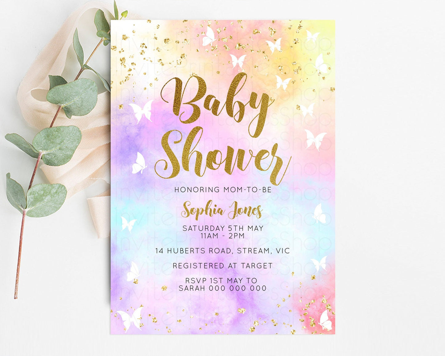 Rainbow Baby Shower Invitation Pastel Baby Sower Invitation Colorful Invite Sprinkle Confetti Watercolor Butterfly Baby Shower Invite D10435