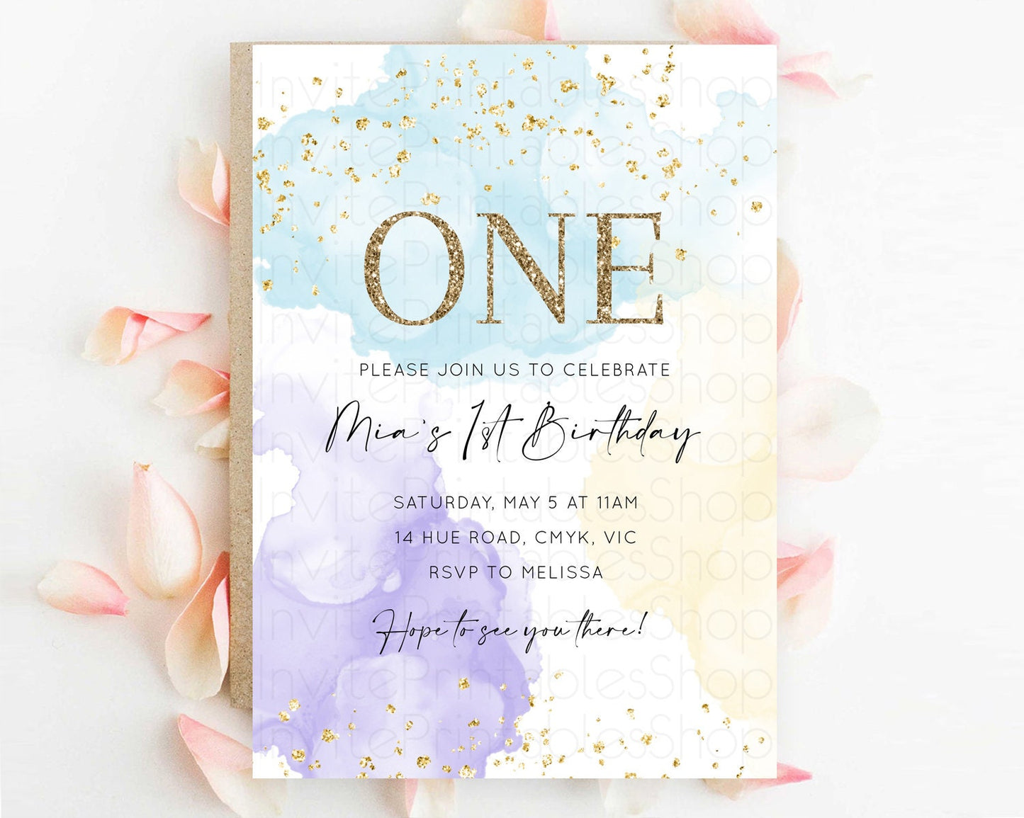 Rainbow Birthday Invitation Colorful Pastel Watercolor Invitation Gold Glitter Sprinkles Ombre Pastel 1st 2nd 3rd Birthday D10206