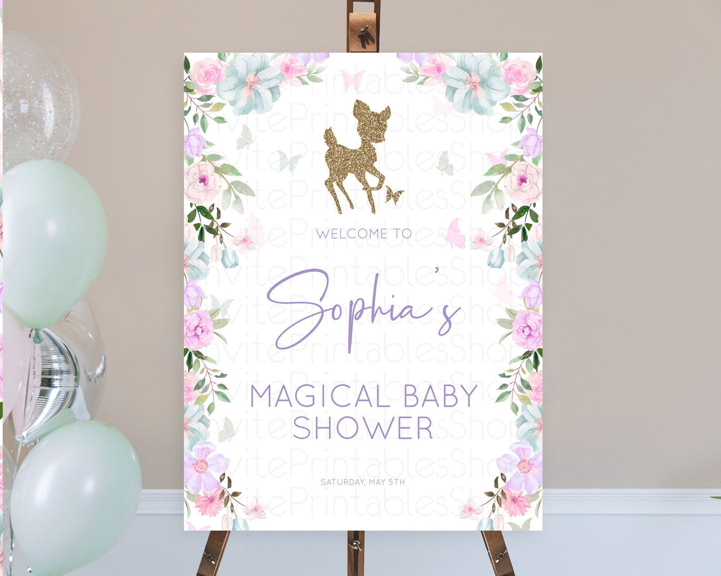 Fawn Baby Shower Welcome Sign Deer Welcome Board Floral Deer Welcome Poster Enchanted Forest Butterfly Pastel Floral Welcome Sign D10476