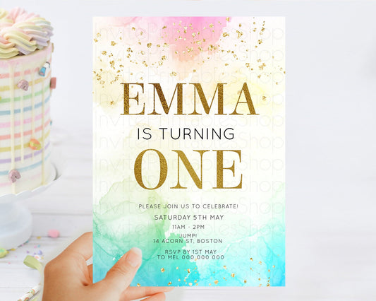 Rainbow Birthday Invitation Colorful Pastel Watercolor Invitation Gold Glitter Sprinkles Ombre Pastel 1st 2nd 3rd Birthday D10770