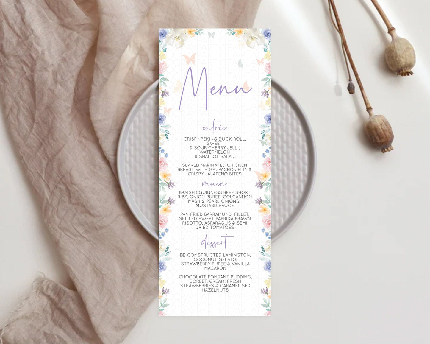 Secret Garden Menu Wildflower Menu Template Pastel Flower Garden Table Decor Boho Floral Dinner Dessert Floral Party Food Menu D10710