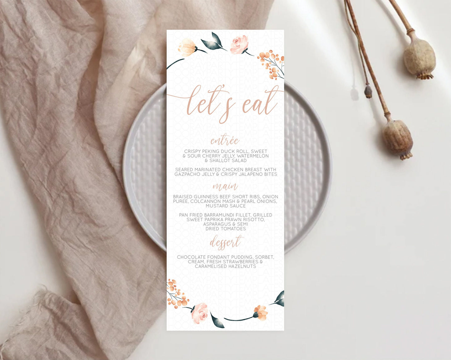 Secret Garden Menu Wildflower Menu Template Pastel Flower Garden Table Decor Boho Floral Dinner Dessert Floral Party Food Menu D10240